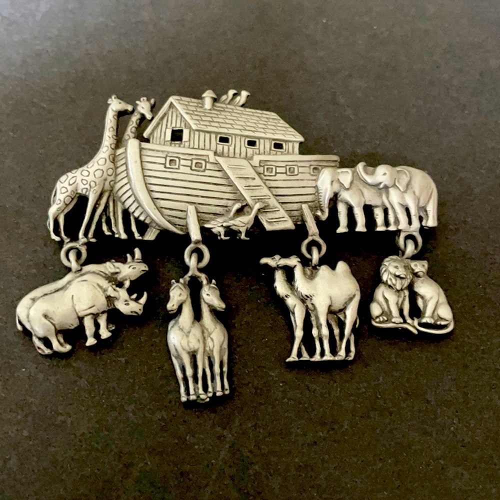 Vintage JJ Jonette Pewter Noah's Ark Brooch with Dangling Animal Charms.
